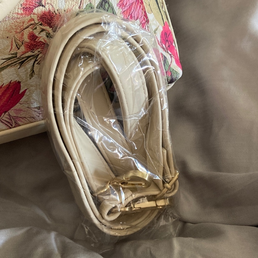 Floral Satchel with Cream Handles Vegan with Long Strap - Picture 4 of 4